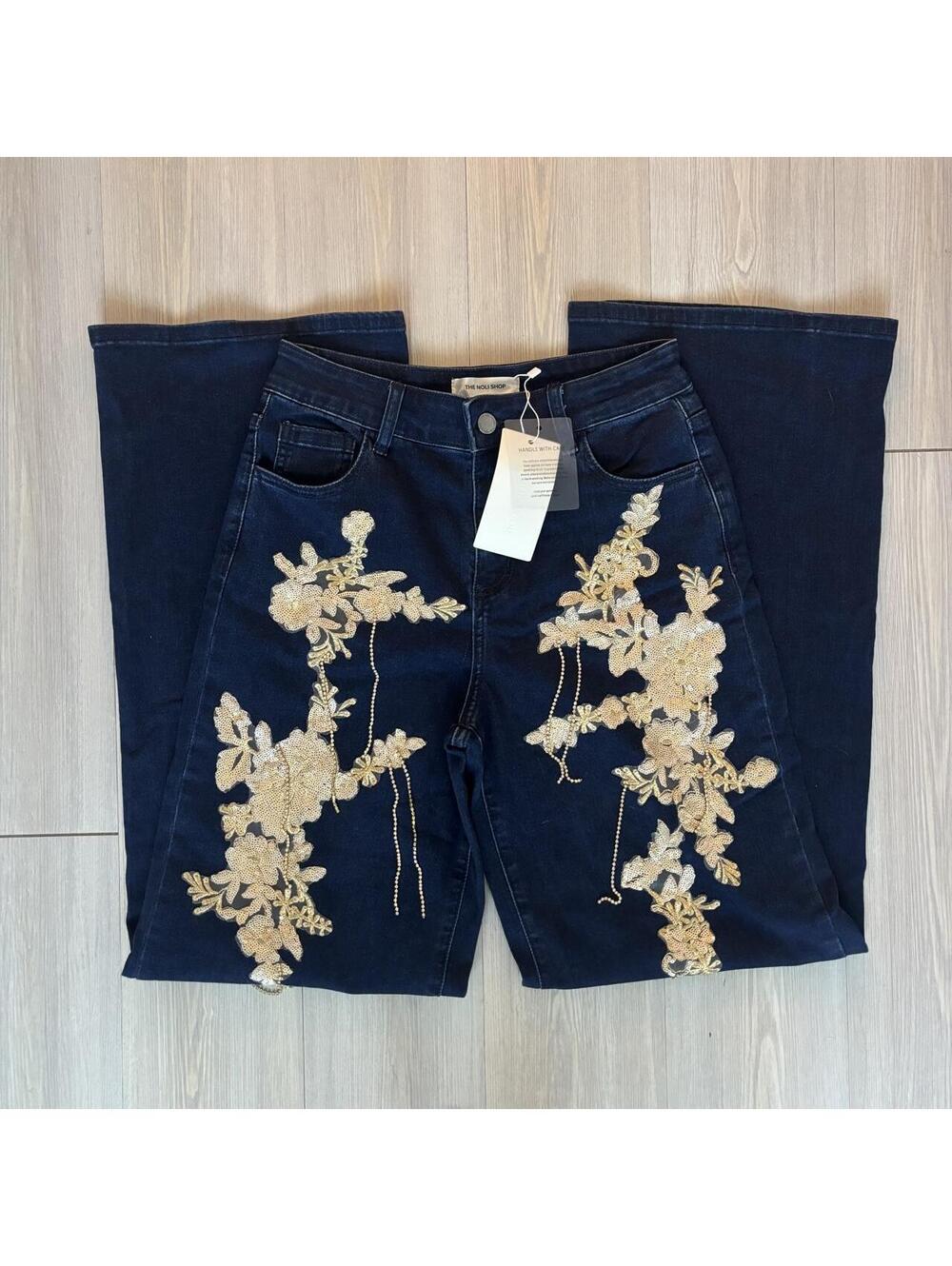 NWT The Noli Shop Dangle Embellished Wide Leg Jeans Dark Blue Size 27 Sequin